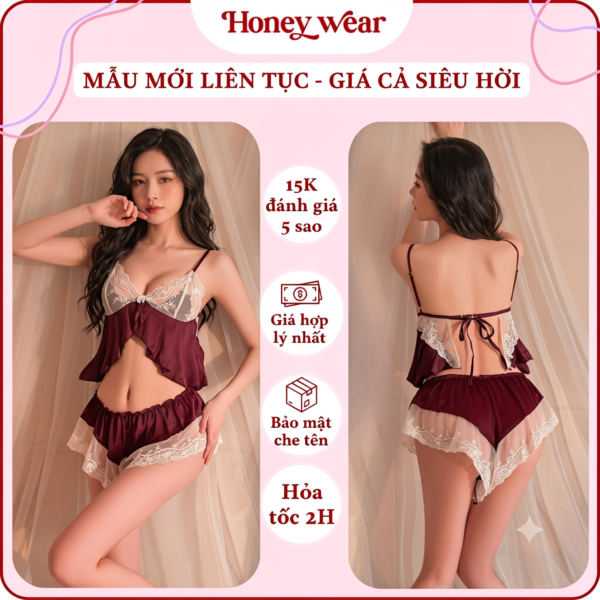 Bộ Đồ Ngủ Nữ 2 Dây Nữ Tính Honey Wear Đồ Ngủ Gợi Cảm, Phối Ren Cổ V Phối Ren B43