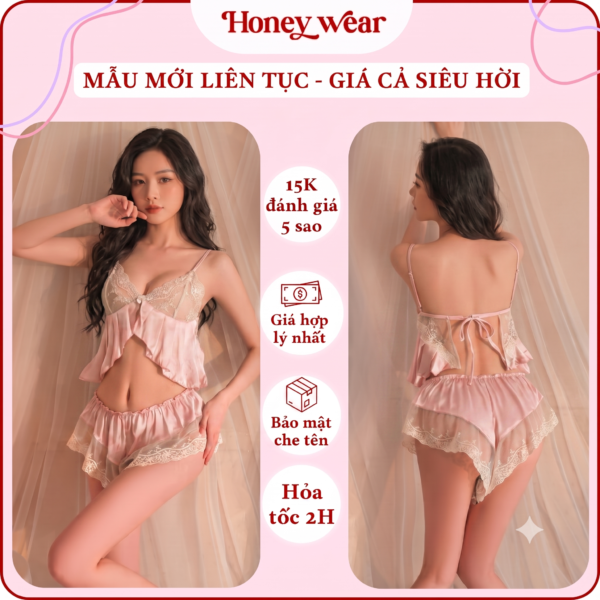 Bộ Đồ Ngủ Nữ 2 Dây Nữ Tính Honey Wear Đồ Ngủ Gợi Cảm, Phối Ren Cổ V Phối Ren B43