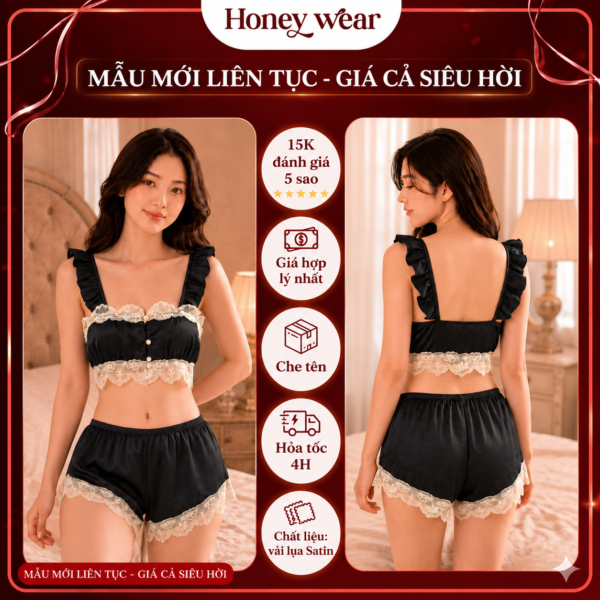 Đồ Ngủ Lụa Phối Ren Ngắn Hai Dây Gợi Cảm Honey Wear Đồ Ngủ Sexy Quyến Rũ B50