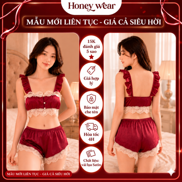 Đồ Ngủ Lụa Phối Ren Ngắn Hai Dây Gợi Cảm Honey Wear Đồ Ngủ Sexy Quyến Rũ B50