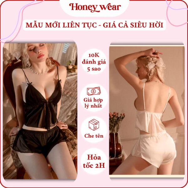 Bộ Đồ Ngủ Lụa 2 Dây Voan Honey Wear Đồ Ngủ Nữ Khóa Phía Trước Thoáng Mát Freesize B05