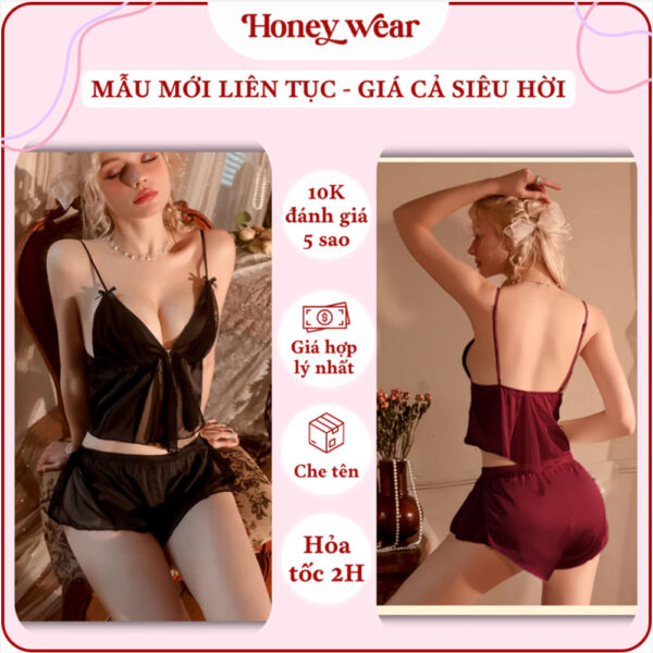 Bộ Đồ Ngủ Lụa 2 Dây Voan Honey Wear Đồ Ngủ Nữ Khóa Phía Trước Thoáng Mát Freesize B05