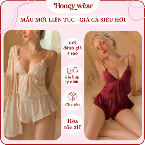 Bộ Đồ Ngủ Lụa 2 Dây Voan Honey Wear Đồ Ngủ Nữ Khóa Phía Trước Thoáng Mát Freesize B05