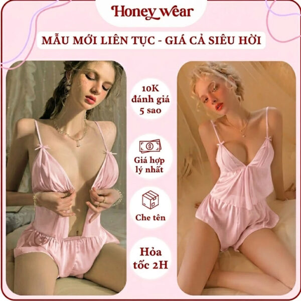 Bộ Đồ Ngủ Lụa 2 Dây Voan Honey Wear Đồ Ngủ Nữ Khóa Phía Trước Thoáng Mát Freesize B05