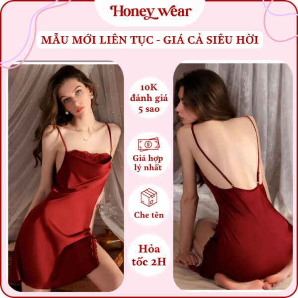 Váy Ngủ Lụa Hai Dây Cổ Đổ Phối Ren Honey Wear Đầm Ngủ Lụa Sexy, Gợi Cảm A141