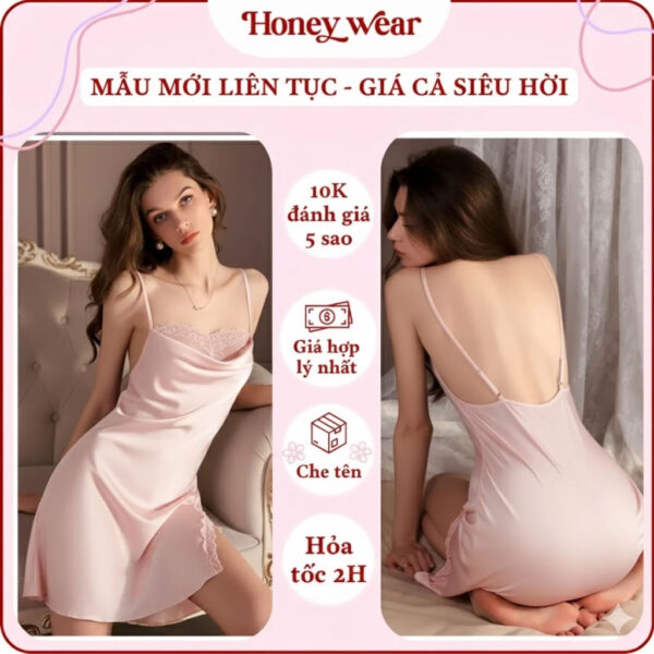 Váy Ngủ Lụa Hai Dây Cổ Đổ Phối Ren Honey Wear Đầm Ngủ Lụa Sexy, Gợi Cảm A141
