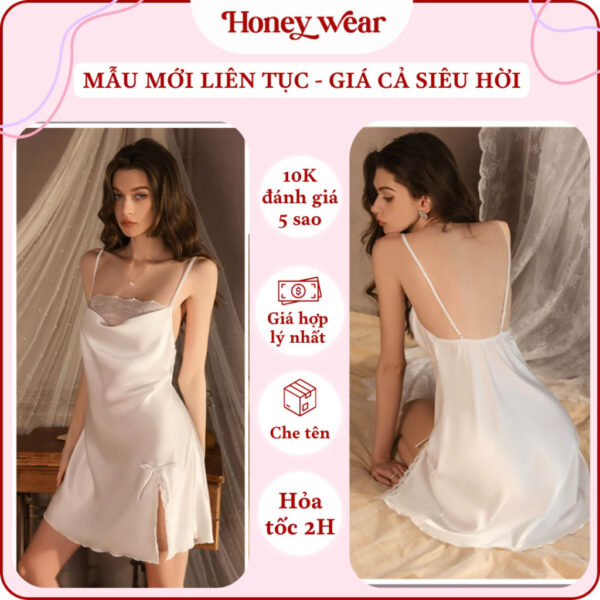 Váy Ngủ Lụa Hai Dây Cổ Đổ Phối Ren Honey Wear Đầm Ngủ Lụa Sexy, Gợi Cảm A141