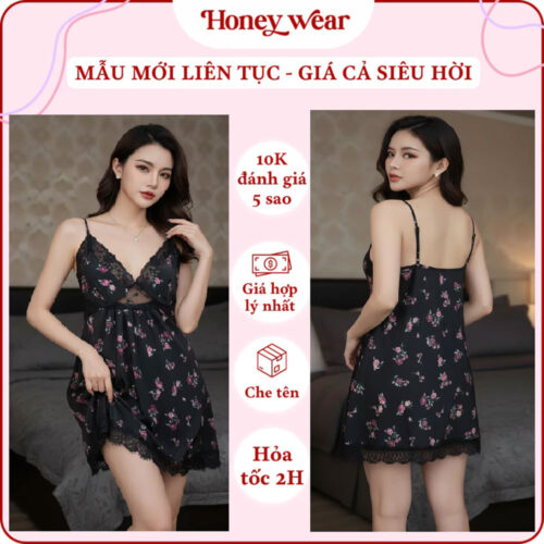 Váy Ngủ Lụa Hai Dây Phối Ren Honey Wear Đầm Ngủ Lụa Sexy, Gợi Cảm CV09
