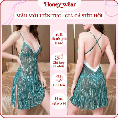 Váy Ngủ Lưới Mềm Chấm Bi Hai Dây Cổ V Phối Ren Honey Wear Đầm Ngủ Lụa Sexy, Gợi Cảm CV08