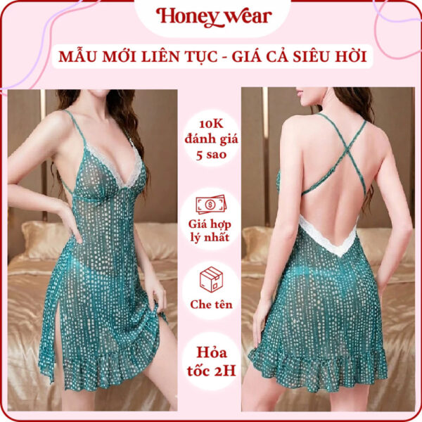 Váy Ngủ Lưới Mềm Chấm Bi Hai Dây Cổ V Phối Ren Honey Wear Đầm Ngủ Lụa Sexy, Gợi Cảm CV08