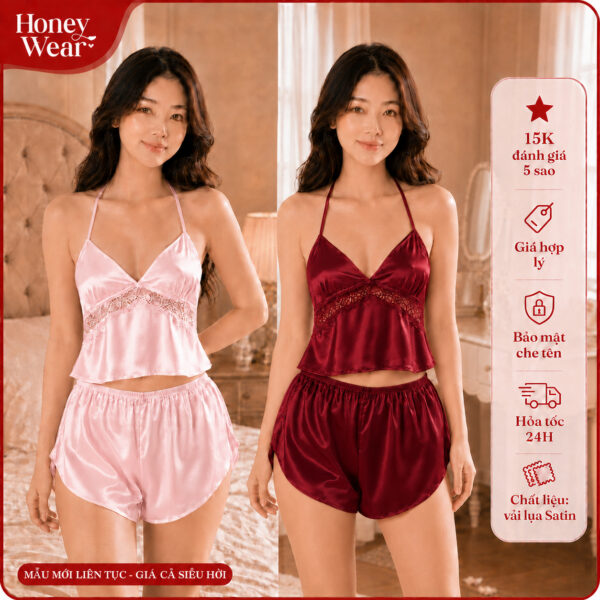 Bộ Đồ Ngủ Lụa 2 Dây Honey Wear Đồ Ngủ Nữ Dây Cột Nơ Và Phối Ren Thoáng Mát Freesize B18
