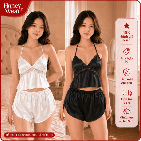 Bộ Đồ Ngủ Lụa 2 Dây Honey Wear Đồ Ngủ Nữ Dây Cột Nơ Và Phối Ren Thoáng Mát Freesize B18