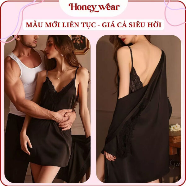 Váy Ngủ Lụa Phối Ren Hai Dây Xẻ Ngực Cổ V Hở Lưng Sang Trọng A103