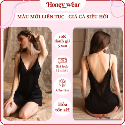 Vay Ngu Lua Phoi Ren Hai Day Xe Nguc Co V Ho Lung A103 Mau Den Váy Ngủ Lụa Phối Ren Hai Dây Xẻ Ngực Cổ V Hở Lưng Sang Trọng A103