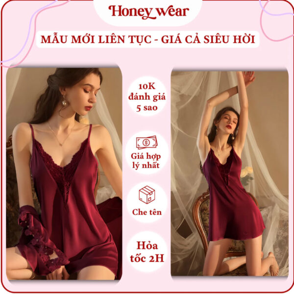 Váy Ngủ Lụa Phối Ren Hai Dây Xẻ Ngực Cổ V Hở Lưng Sang Trọng A103