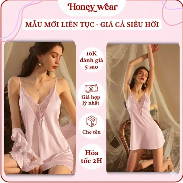 Váy Ngủ Lụa Phối Ren Hai Dây Xẻ Ngực Cổ V Hở Lưng Sang Trọng A103