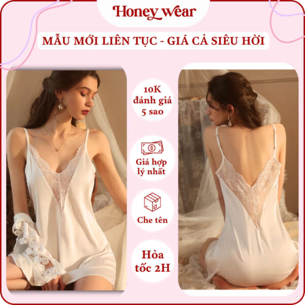 Váy Ngủ Lụa Phối Ren Hai Dây Xẻ Ngực Cổ V Hở Lưng Sang Trọng A103