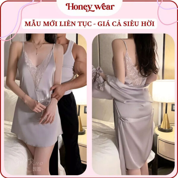 Váy Ngủ Lụa Phối Ren Hai Dây Xẻ Ngực Cổ V Hở Lưng Sang Trọng A103