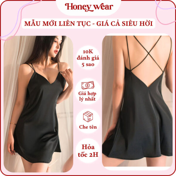 Váy Ngủ Lụa Satin Hai Dây Dáng Trơn Honey Wear Đầm Ngủ Nữ Dáng Suông Thoáng Mát Mặc Nhà A53
