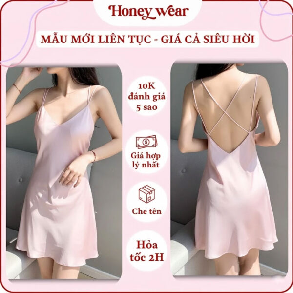Váy Ngủ Lụa Satin Hai Dây Dáng Trơn Honey Wear Đầm Ngủ Nữ Dáng Suông Thoáng Mát Mặc Nhà A53