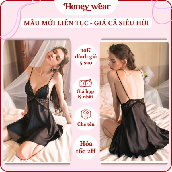 Vay Ngu Lua Sexy Phoi Ren Co V Xe Sau A76 02 Váy Ngủ Lụa Sexy Phối Ren Cổ V Xẻ Sâu Gợi Cảm Honey Wear Đầm Ngủ Lụa Mềm Mại Thoải Mái A76