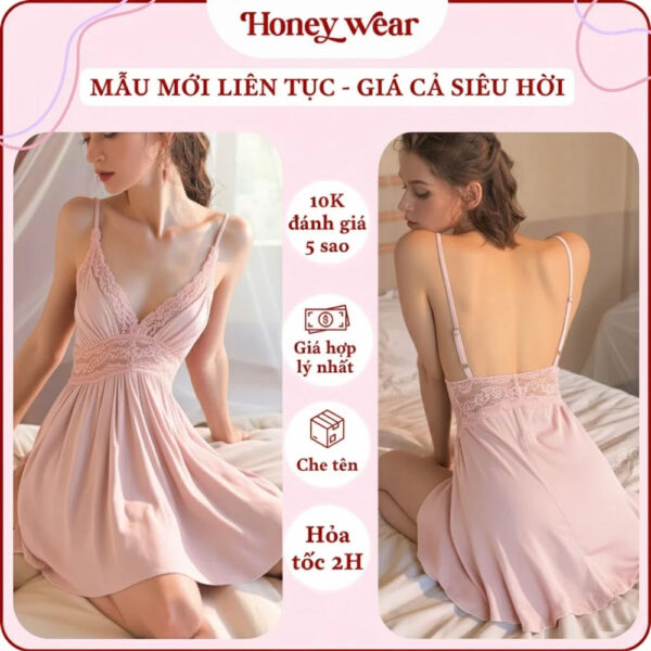 Vay Ngu Lua Sexy Phoi Ren Co V Xe Sau A76 04 Váy Ngủ Lụa Sexy Phối Ren Cổ V Xẻ Sâu Gợi Cảm Honey Wear Đầm Ngủ Lụa Mềm Mại Thoải Mái A76