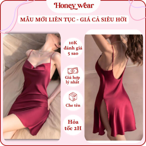 Vay Ngu Sexy 2 Day Lua Phoi Ren Hang Cao Cap A26 01 Váy Ngủ Sexy 2 Dây Lụa Phối Ren Hàng Cao Cấp Honey Wear A26