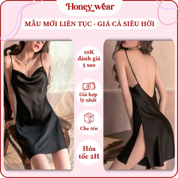 Vay Ngu Sexy 2 Day Lua Phoi Ren Hang Cao Cap A26 03 Váy Ngủ Sexy 2 Dây Lụa Phối Ren Hàng Cao Cấp Honey Wear A26