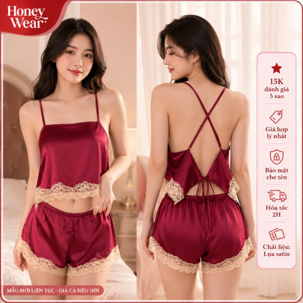 Bộ Đồ Ngủ Lụa Satin Phối Ren 2 Dây Mặc Nhà Nữ  Áo Hở Lưng Cổ V Mềm Mại B04