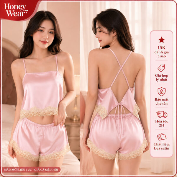 Bộ Đồ Ngủ Lụa Satin Phối Ren 2 Dây Mặc Nhà Nữ  Áo Hở Lưng Cổ V Mềm Mại B04